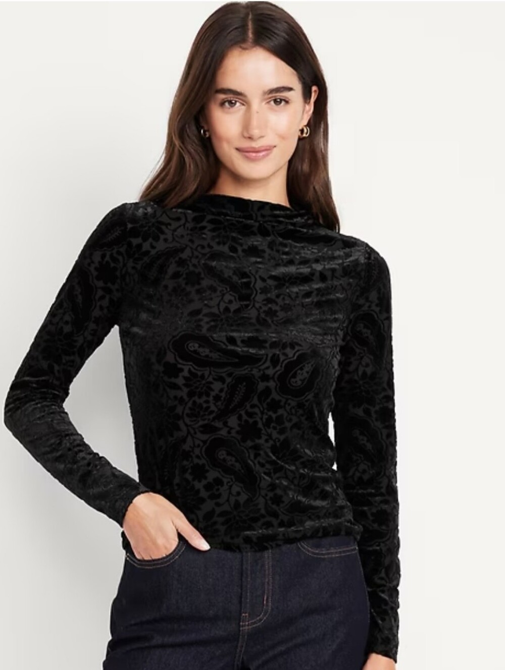 Old Navy Mock-Neck Black Burnout Velvet Long Sleeve Top Size XXL